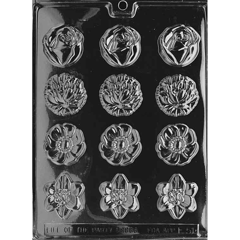Round flower mints chocolate mold with 12 cavities in four assorted floral designs, three of each