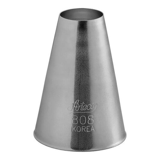 Ateco 808 round piping tip, large cone-shaped metal icing nozzle with a wide 0.63 inch circular opening for piping swirls, dollops, and filling pastries.