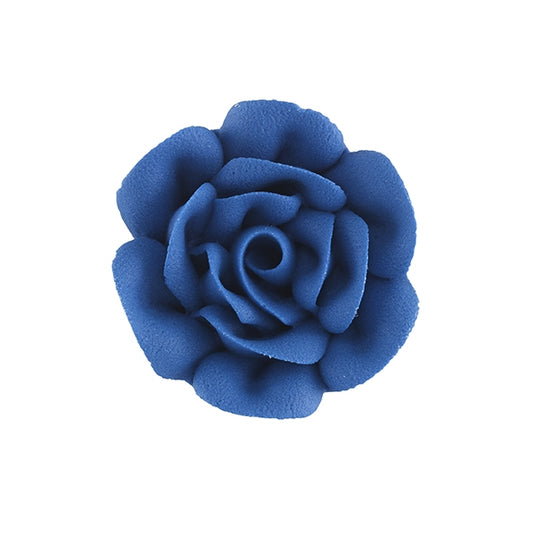 royal blue royal icing rose with layered petals, 1.75 inches in diameter