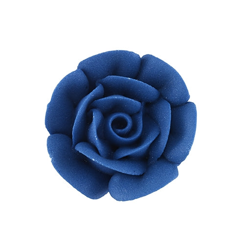 Royal blue royal icing rose with realistic petals for dessert decoration.