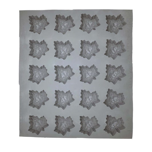 Full sheet of small maple leaf mint molds with 20 shallow cavities made of natural rubber, ideal for fall and Thanksgiving candy making