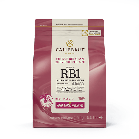 Callebaut Finest Belgian Ruby Chocolate in a 2.5 kg (5.5 lbs) bag, recipe RB1.