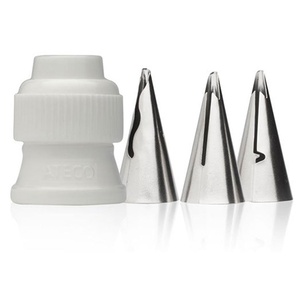 Ruffle piping tip set with three stainless steel ruffle tips and a white plastic coupler, cake decorating tool set