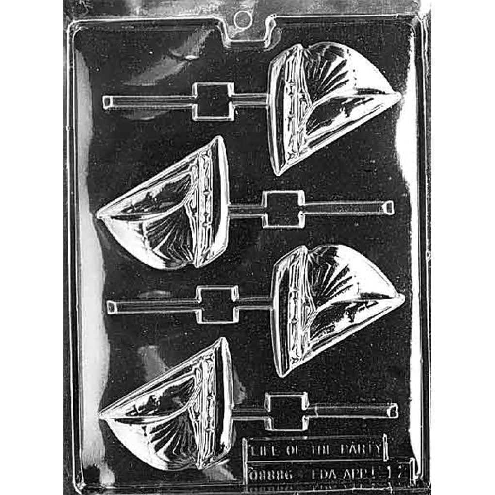 Four-cavity sailboat chocolate lollipop mold with compact nautical pops featuring curved hulls, upright masts, two detailed sails, and built-in stick channels