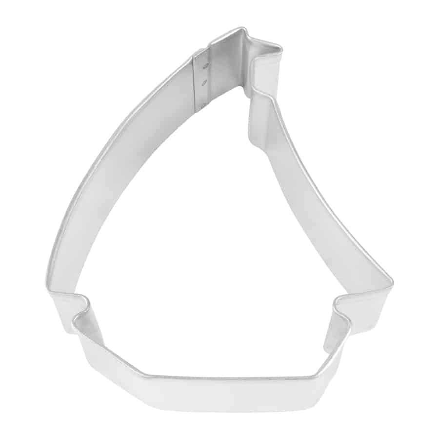 Metal sailboat-shaped cookie cutter with a detailed sail and hull, displayed on a white background.
