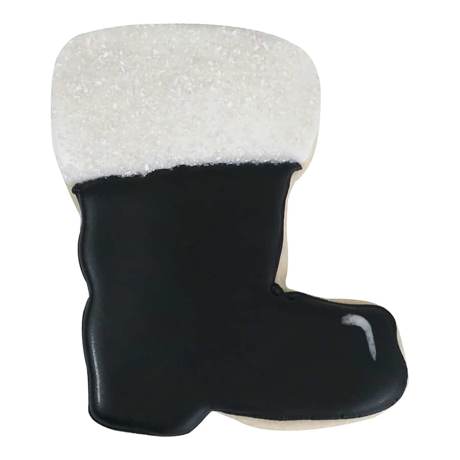 Decorated Santa Boot cookie with black icing for the boot, white icing for the fur trim, and sugar sprinkles for texture.
