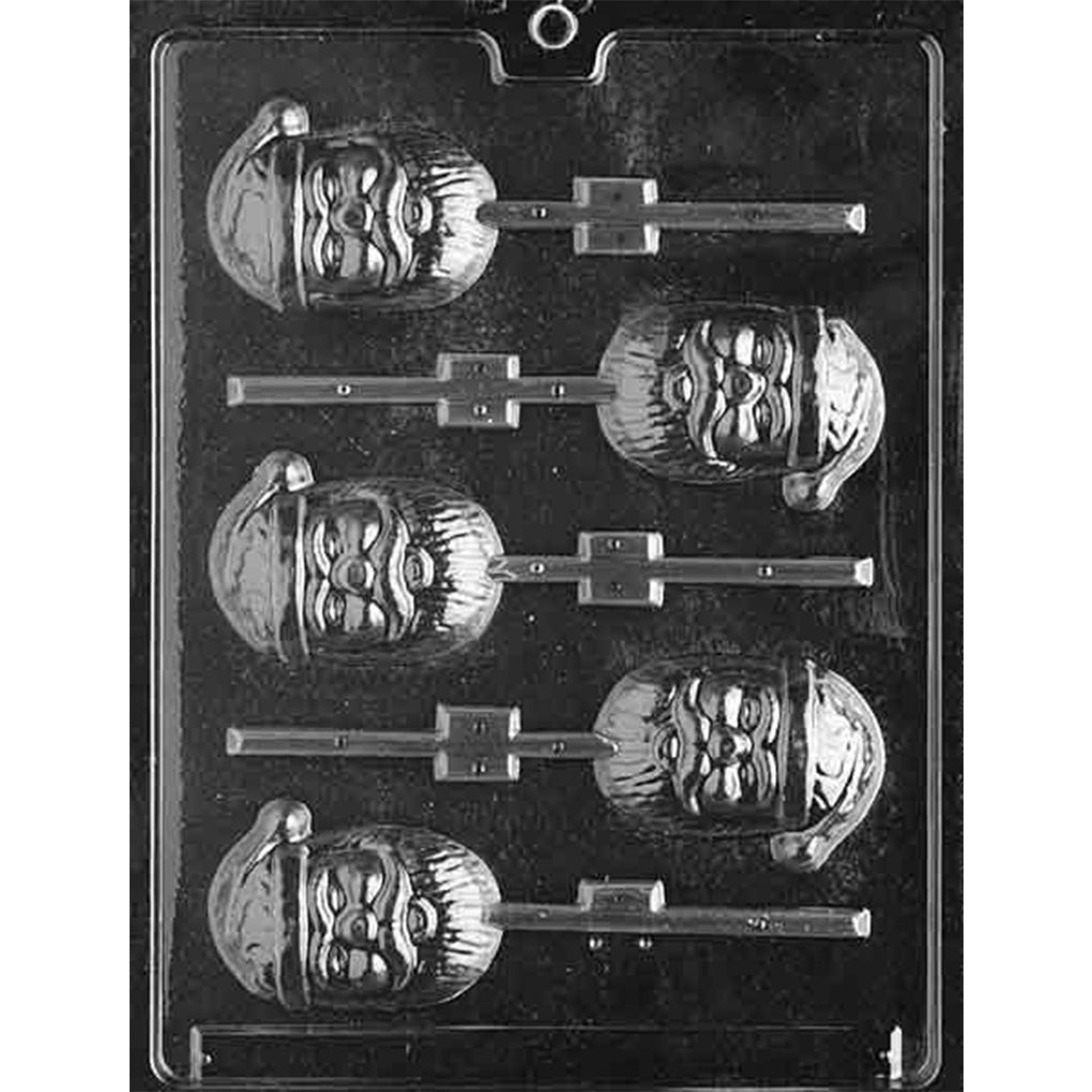 Five-cavity Santa head chocolate lollipop mold with detailed hats, beards, and mustaches, each measuring 2 1/2 x 2 x 1/2 inches deep
