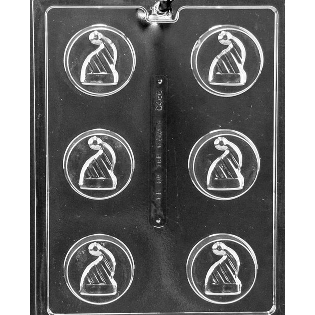 Clear plastic chocolate covered Oreo mold photographed on a black background with six round cavities, each featuring a raised Santa hat design with striped detail and a pom-pom.