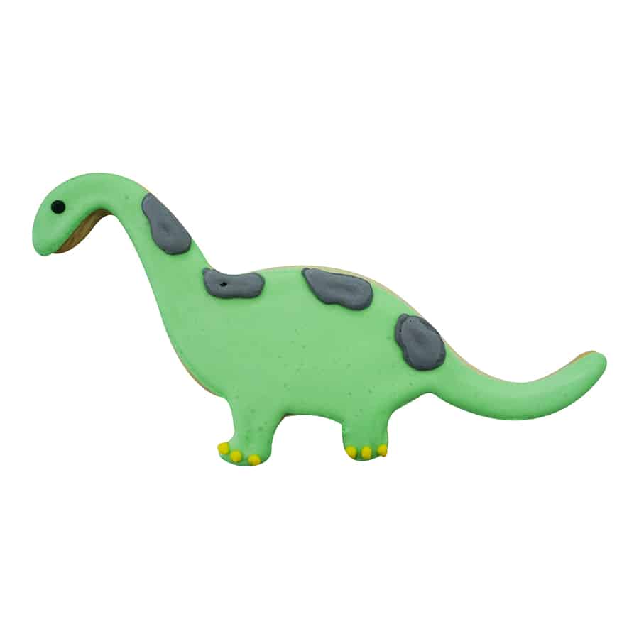 Cookie shaped like a brontosaurus decorated in green with gray spots and yellow toes.