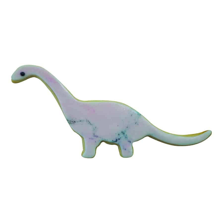 Cookie shaped like a brontosaurus decorated in light purple with subtle marbling.