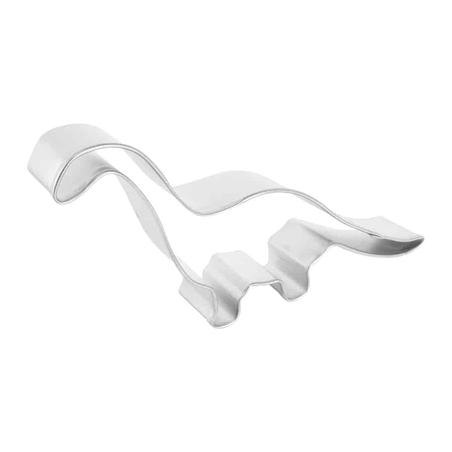 Metal brontosaurus cookie cutter displayed at an angle.