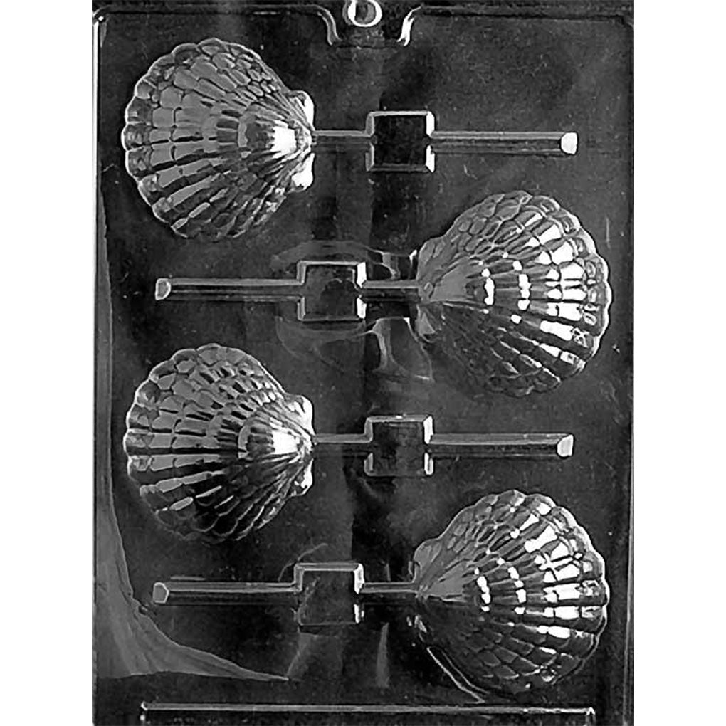 Clear plastic chocolate lollipop mold with four scallop shell cavities featuring raised ridges and attached stick channels, arranged in two columns.