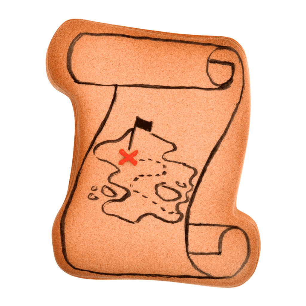 Decorated cookie designed as a treasure map on a scroll, featuring a hand-drawn island, a red "X," and a black flag.