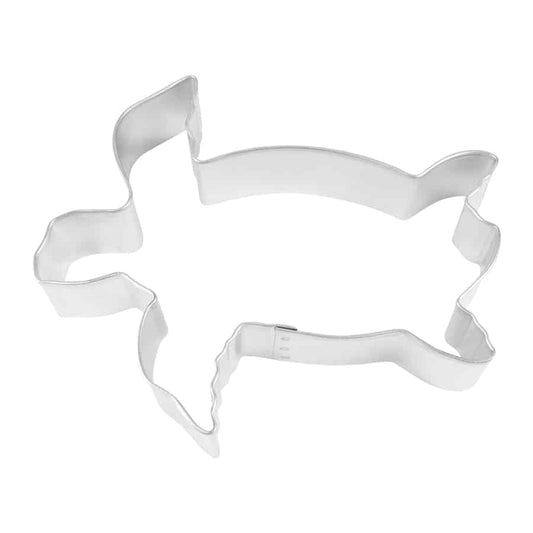 Sea turtle-shaped tin cookie cutter with sharp edges and silver finish.
