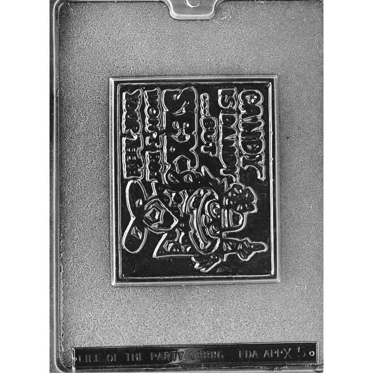 Clear Candy is Dandy But... Chocolate Mold photographed against a dark background, featuring one rectangular plaque cavity with raised lettering reading “Candy is dandy, but sex won't rot your teeth” and a playful illustration.