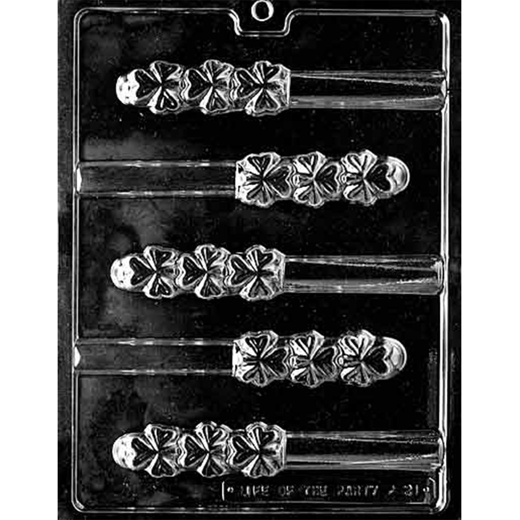 Shamrock pretzel chocolate mold with five long cavities, each featuring a cluster of clover-shaped shamrocks sized to fit pretzel rods, shown in clear plastic.