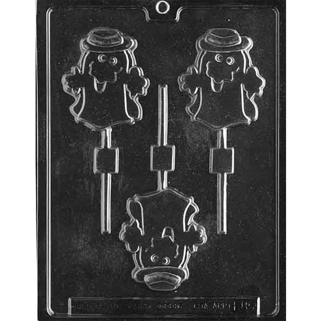 Clear Silly Ghost With Hat Chocolate Mold on a black background with 3 lollipop cavities shaped like smiling ghosts wearing tall hats.
