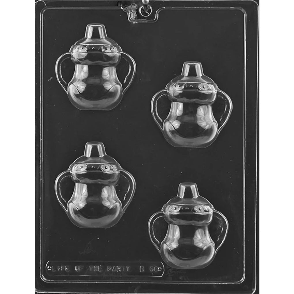 Clear plastic chocolate mold with four sippy cup cavities, each showing a handled cup with a spout top and embossed lid details.