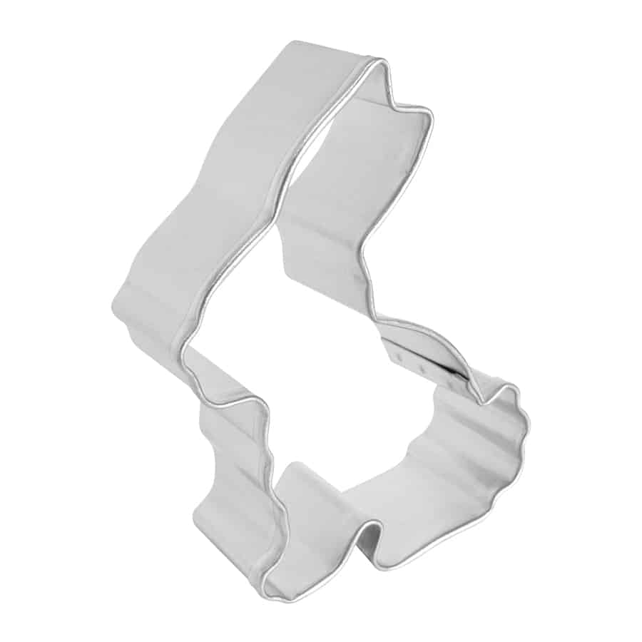 Side view of a rabbit cookie cutter, showcasing its sturdy metal form and detailed shape.