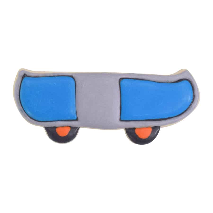 Decorated skateboard cookie with gray, blue, and orange icing, resembling a mini skateboard.