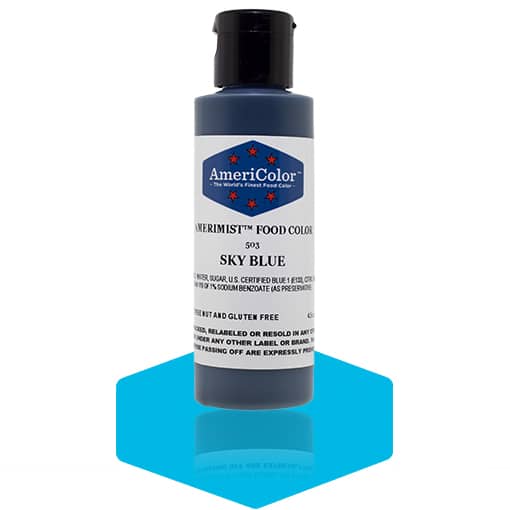 Bottle of AmeriColor AmeriMist Sky Blue Airbrush Food Coloring, 4.5 oz, standing on a sky-blue color swatch.
