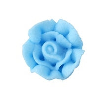 Bright blue small royal icing rose with open petal design, 3/4 inch, edible topper for birthday cakes and celebratory cupcakes