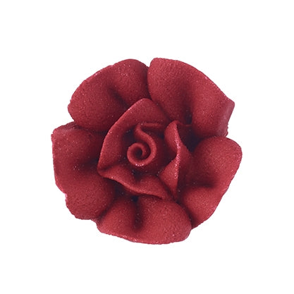 Burgundy small royal icing rose with rich wine-red hue and curved petals, 3/4 inch, edible decoration for formal event cakes