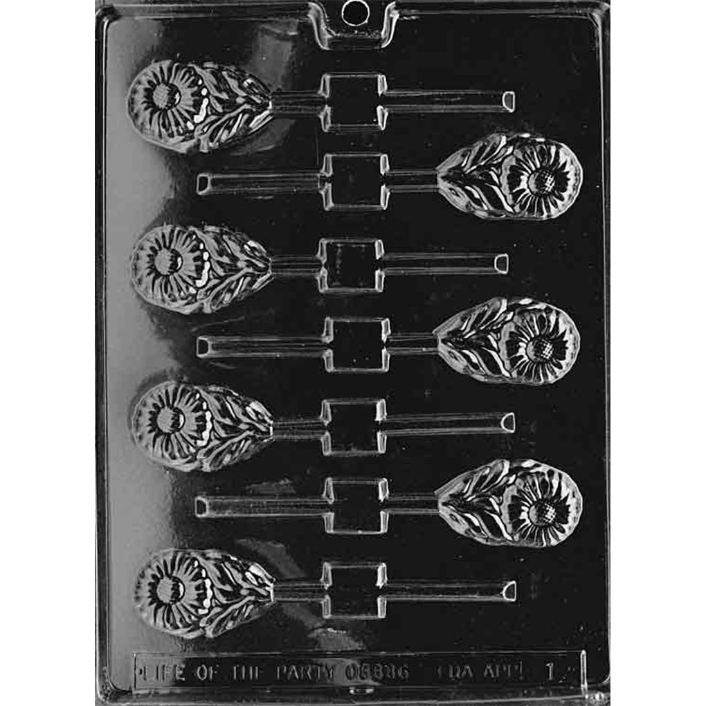 Clear plastic Small Daisy with Leaves Chocolate Lollipop Mold with seven teardrop-shaped floral cavities and built-in stick channels