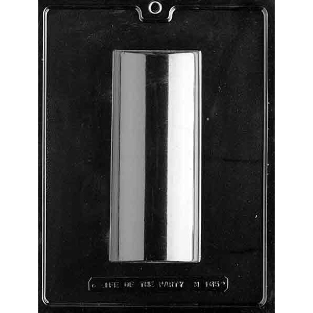 Clear plastic chocolate mold photographed on a dark background with one long domed loaf cavity featuring smooth sides and a curved top.
