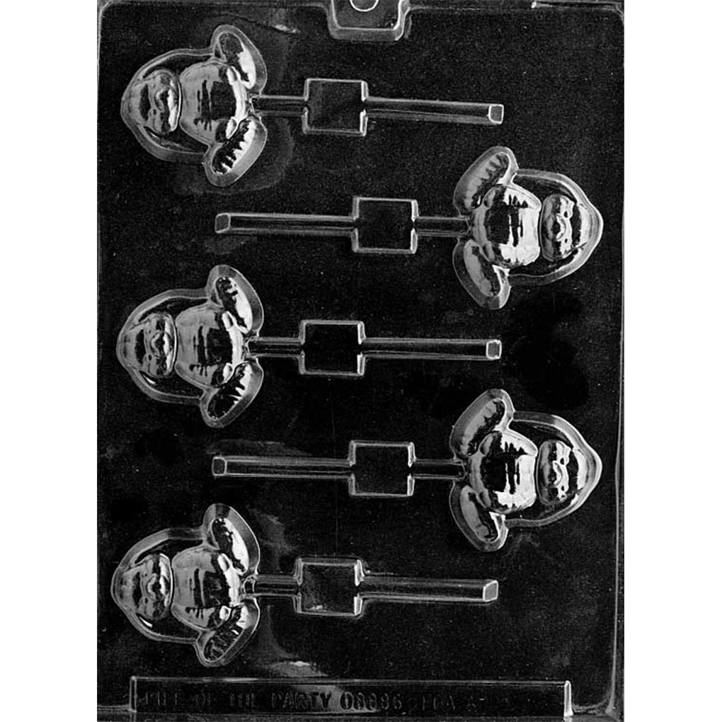 Small floppy-eared bunny chocolate lollipop mold with five full-body bunny cavities and built-in stick channels