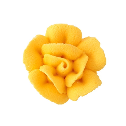 Golden yellow small royal icing rose with ruffled petals, 3/4 inch, edible accent for autumn or celebratory cakes