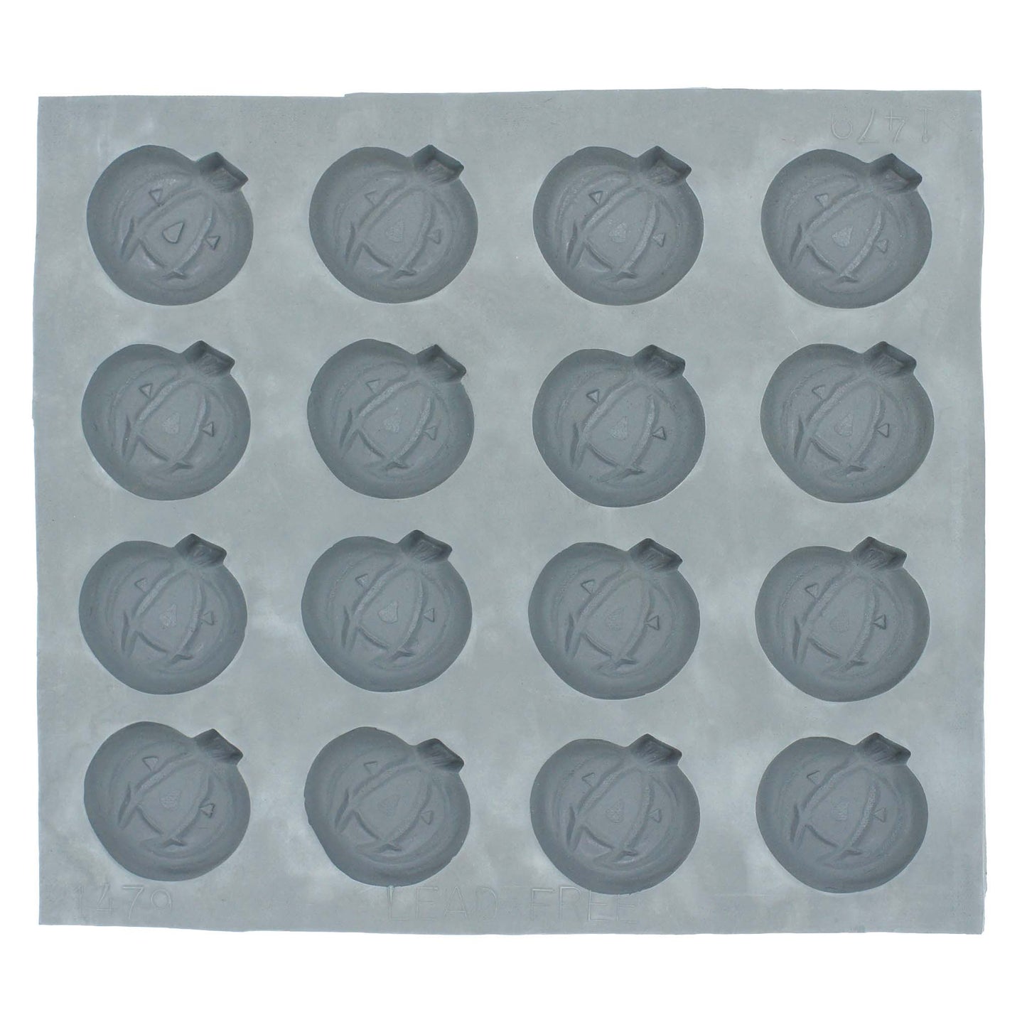 Full sheet of jack-o'-lantern rubber mint molds with 20 cavities, arranged in rows for Halloween-themed treats.