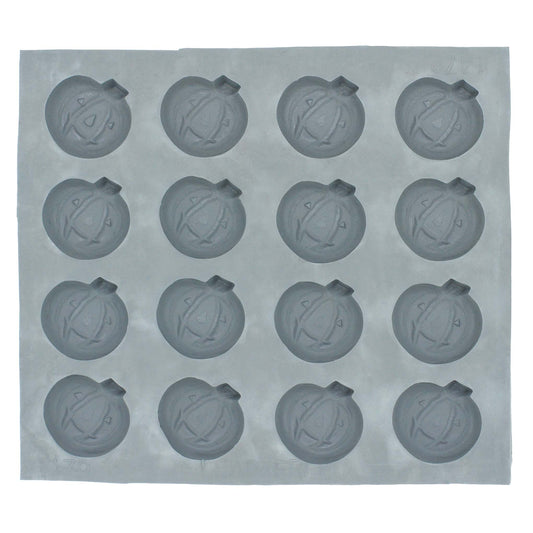 Full sheet of jack-o'-lantern rubber mint molds with 20 cavities, arranged in rows for Halloween-themed treats.