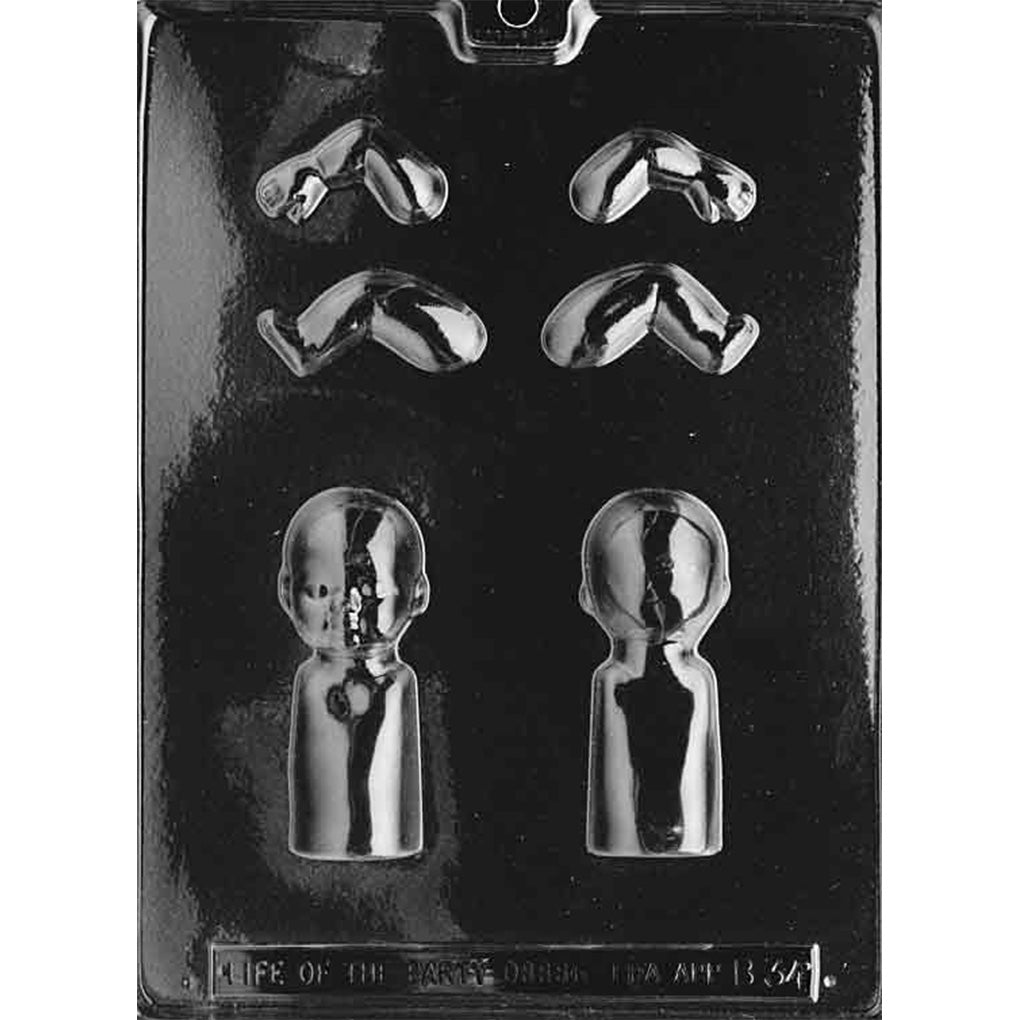 Clear plastic 3D chocolate mold with cavities for a small doll body front and back plus separate arm and leg pieces for assembling a freestanding figure.