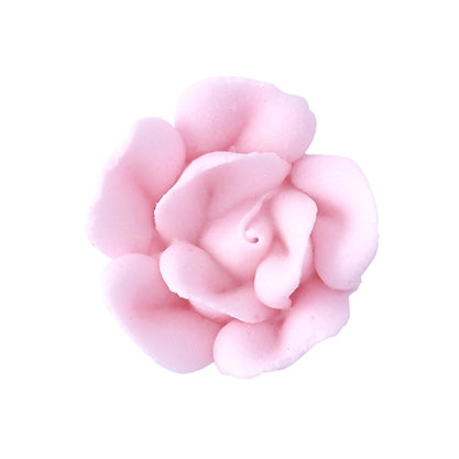 Light pink small royal icing rose with delicate petal layers, 3/4 inch, edible floral accent for baby shower or bridal cupcakes