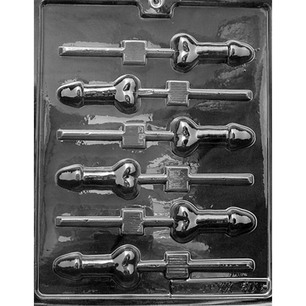 Clear plastic Small Penis Chocolate Lollipop Mold photographed against a dark background, featuring six penis-shaped cavities with defined tips and testicles, each connected to a sucker stick channel.