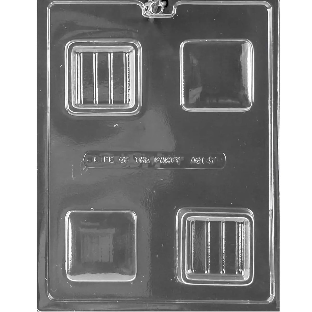 Clear plastic chocolate mold with 4 square cavities: 2 deep box bases and 2 matching lid cavities with ridged interiors.