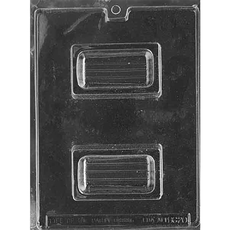 Clear plastic chocolate mold with two rectangular pour-box cavities for making fillable chocolate boxes.