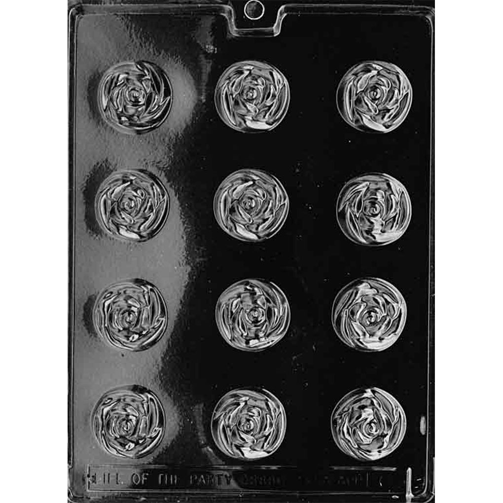Chocolate mold featuring 12 round cavities shaped like blooming roses with detailed layered petals. Ideal for making floral chocolates for weddings, cakes, or romantic gifts.