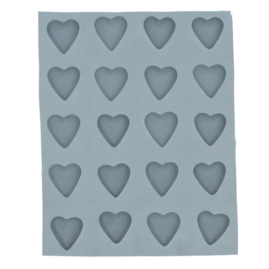 Full sheet of 20 heart-shaped cavities in a small rubber mint mold, perfect for making chocolates, cream cheese mints, or molded crafts.