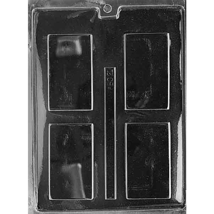 Clear plastic chocolate bar mold with four rectangular cavities, each framed by a raised border, arranged in two rows with a narrow center strip.