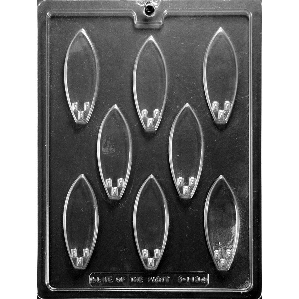 Clear plastic Small Surfboards Chocolate Mold with eight 3 1/4-inch surfboard cavities featuring pointed noses, curved sides, and three-fin tails