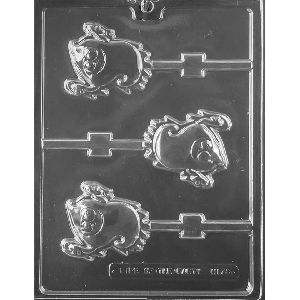 Clear plastic chocolate lollipop mold with three smiling ghost cavities and stick channels.