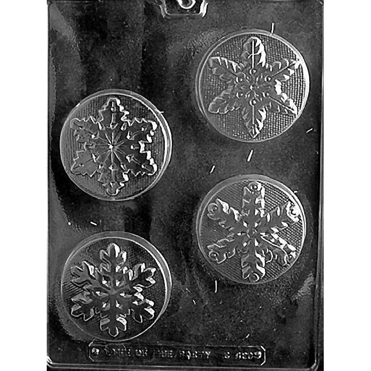Chocolate mold with four round cavities, each featuring a different raised snowflake design. The rounds are thick and textured, perfect for creating standout winter chocolates.