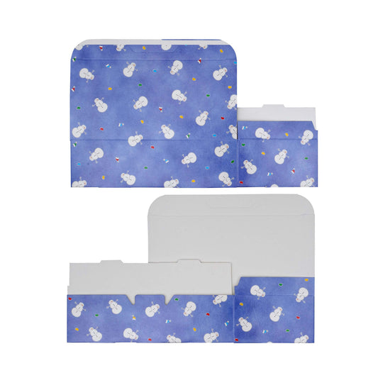 Snowman Avalanche candy box shown flat and unassembled, blue snowman pattern exterior with white interior
