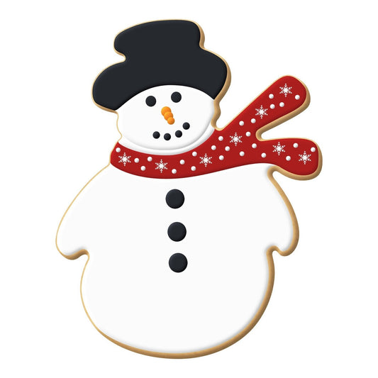 Snowman-shaped cookie decorated with white icing, a black hat, a red scarf with snowflakes, and black buttons.