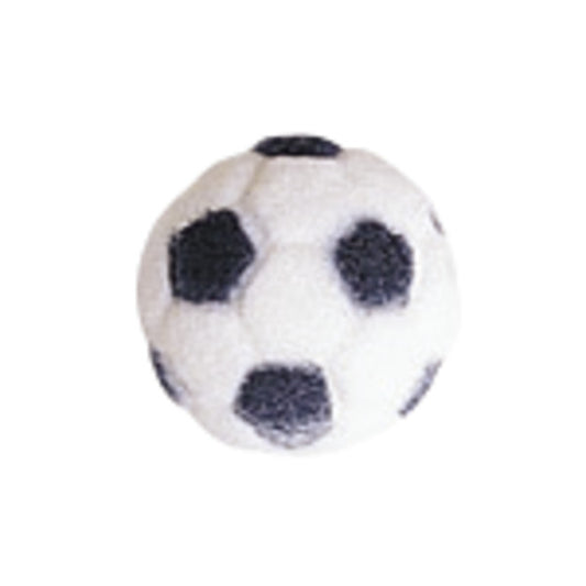 Close-up of a 1-inch soccer ball-shaped pressed sugar decoration with black and white detailing, ideal for sports-themed desserts.