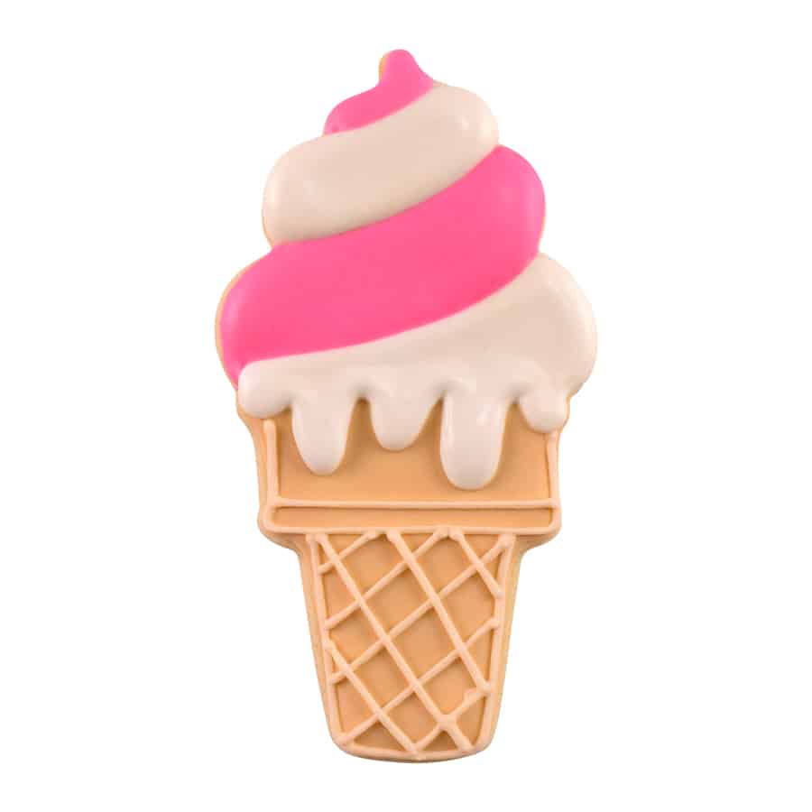 Decorated ice cream cone cookie with pink and white swirled frosting and a waffle cone base.