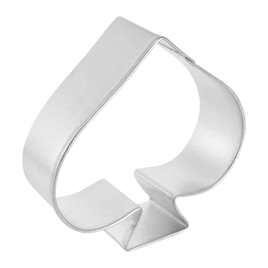 Angled side view of a spade suit cookie cutter, highlighting its sturdy metal construction and well-defined shape.