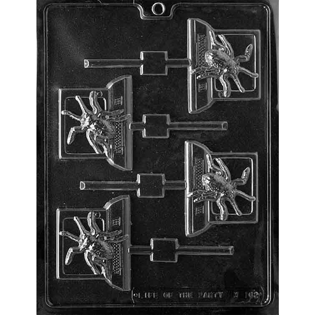 Four-cavity spider on computer chocolate lollipop mold with raised bugs crawling across open laptops, each measuring 2 1/4 x 3 x 1/2 inches